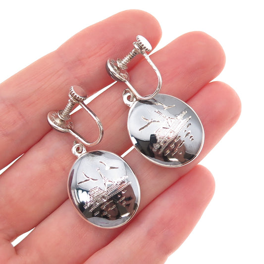 925 Sterling Silver Antique Siam Niello Old Town Screw Back Dangle Earrings