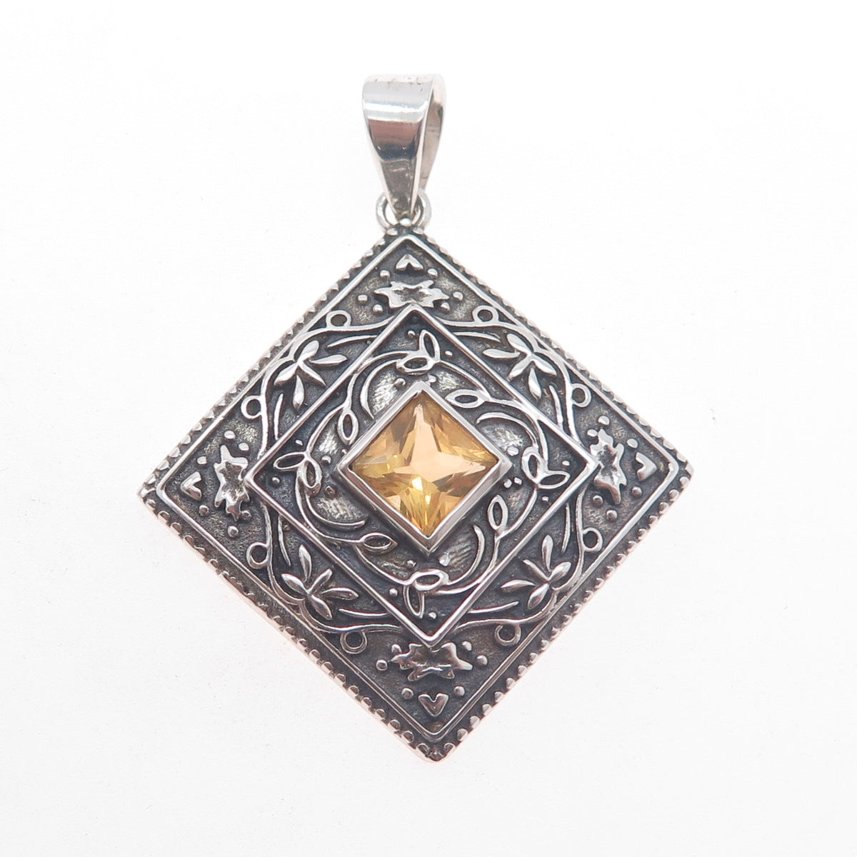 925 Sterling Silver Vintage Real Citrine Ornate Floral Oxidized Charm Pendant