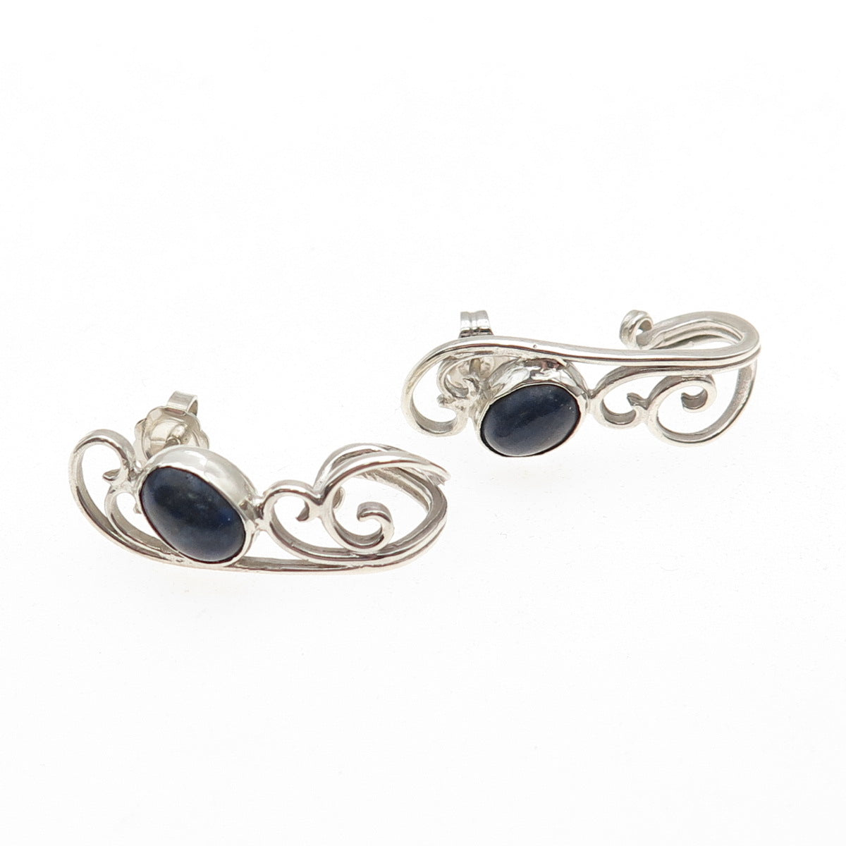 925 Sterling Silver Vintage Real Sodalite Modernist Ornate Claw Earrings