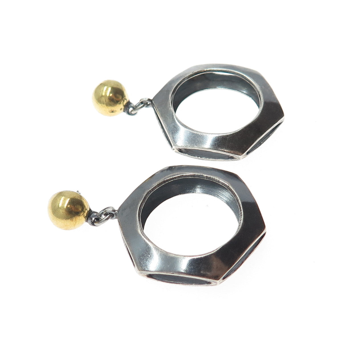 925 Sterling Silver 2-Tone Vintage Modernist Geometric Oxidized Dangle Earrings