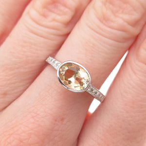 925 Sterling Silver Real Round-Cut Diamond & Oval-Cut Citrine Ring Size 7.25