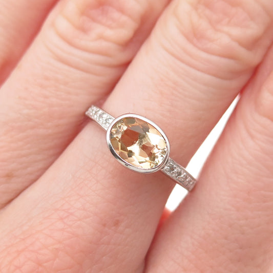 925 Sterling Silver Real Round-Cut Diamond & Oval-Cut Citrine Ring Size 7.25