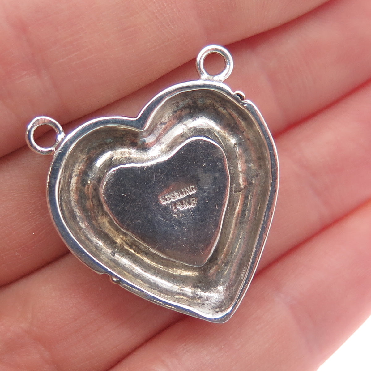 925 Sterling Silver 14K Gold Vintage Real Pearl Heart Centerpiece Slide Pendant