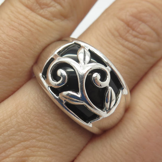 925 Sterling Silver Vintage Real Black Onyx Gem Leaf Branch Ring Size 7.75