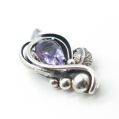 925 Sterling Silver Vintage Real Amethyst Gemstone Leaf Modernist Slide Pendant