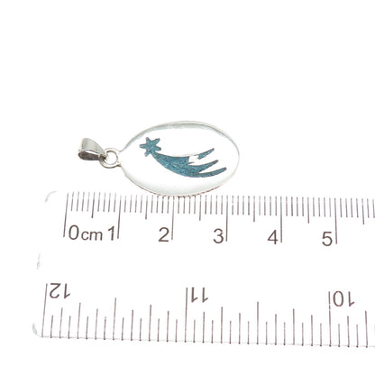 925 Sterling Silver Vintage Mexico Real Turquoise Inlay Falling Star Pendant