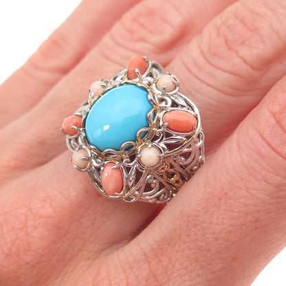 Michael Valitutti Gems En Vogue Sterling 2-Tone Turquoise & Coral Ring Size 8.25