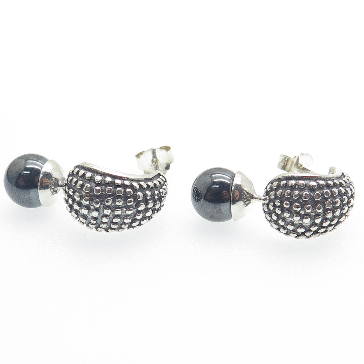925 Sterling Silver Vintage Real Hematite Alligator Skin Oxidized Earrings