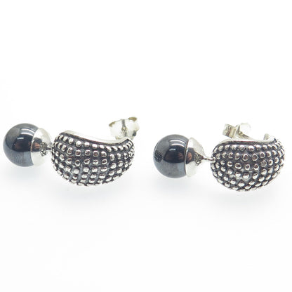 925 Sterling Silver Vintage Real Hematite Alligator Skin Oxidized Earrings