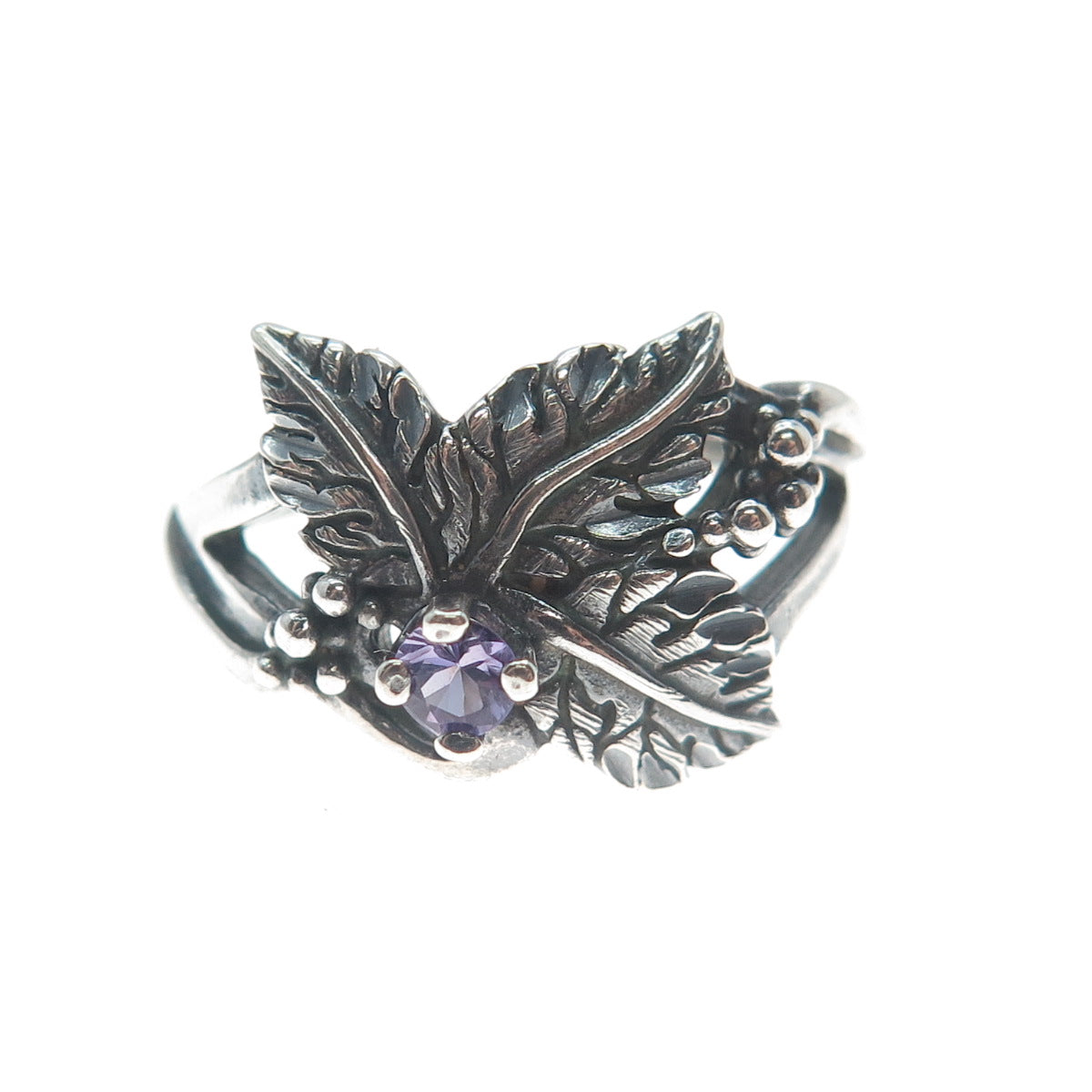 CAROLYN POLLACK Sterling Silver Vintage Real Amethyst Grape Leaf Ring Size 7.5
