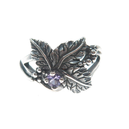 CAROLYN POLLACK Sterling Silver Vintage Real Amethyst Grape Leaf Ring Size 7.5