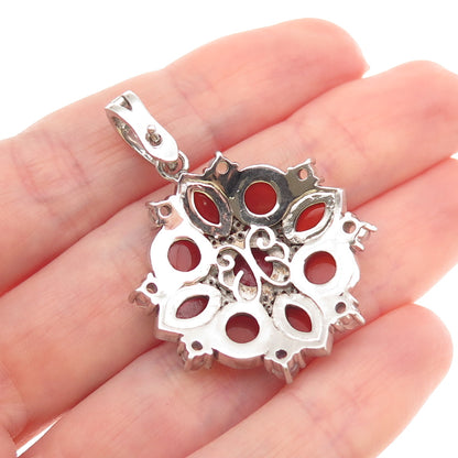 925 Sterling Silver Real Carnelian Moonstone & White Topaz Floral Pendant