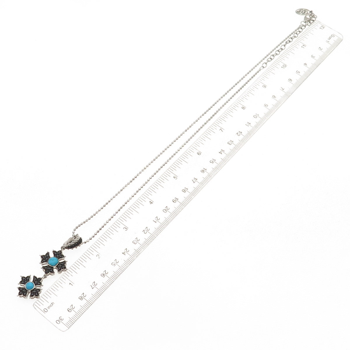 925 Sterling Real Turquoise & Black Spinel Floral Ball Beaded Necklace 18-20"