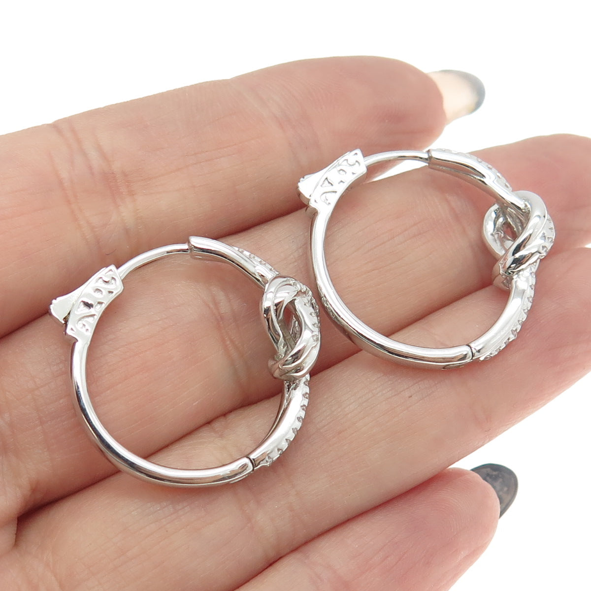 925 Sterling Silver Round-Cut C Z Knot Hoop Earrings