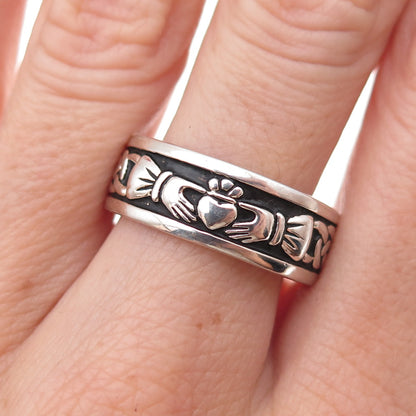 Solvar 925 Sterling Silver Vintage Irish Claddagh Oxidized Band Ring Size 9.25