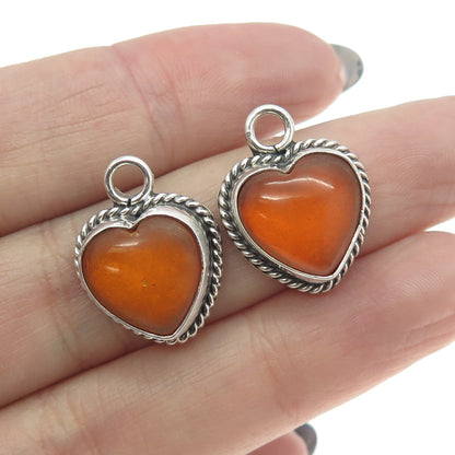 925 Sterling Silver Vintage Real Fire Amber Heart Jacket Earrings