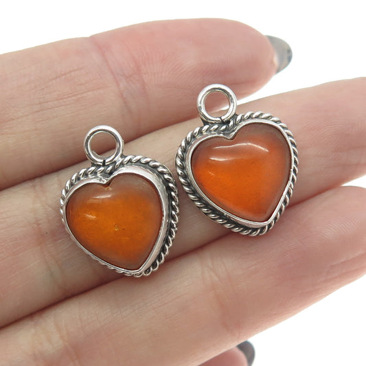 925 Sterling Silver Vintage Real Fire Amber Heart Jacket Earrings