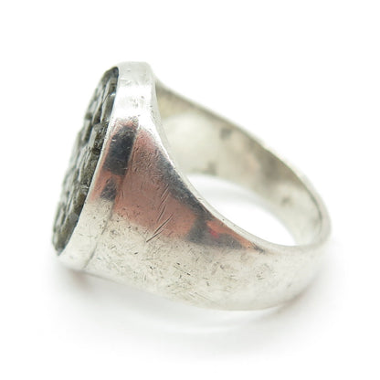 925 Sterling Silver Vintage Real Green Serpentine Inlay Signet Ring Size 8.75
