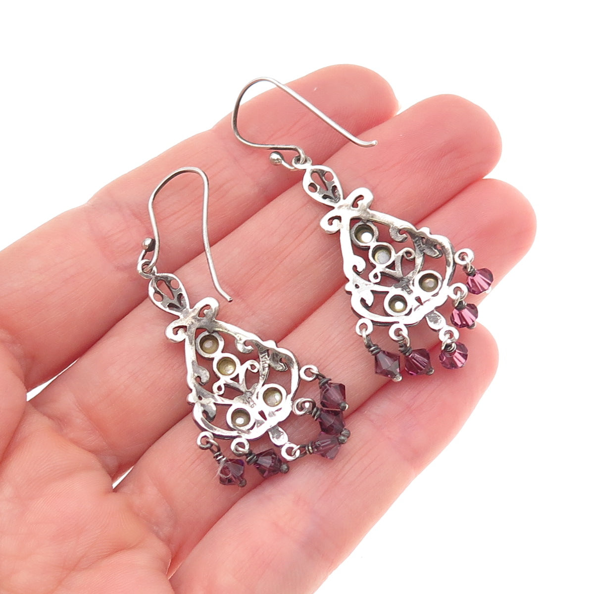 925 Sterling Silver Vintage Real MOP & Amethyst Chandelier Dangle Earrings