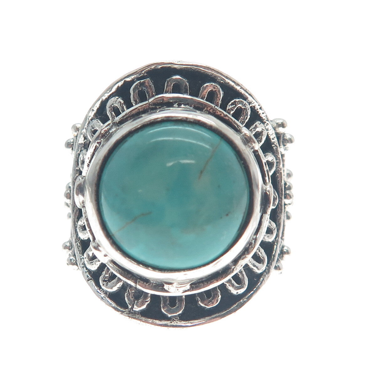 925 Sterling Silver Vintage Real Mountain Turquoise Sun Oxidized Ring Size 10.25