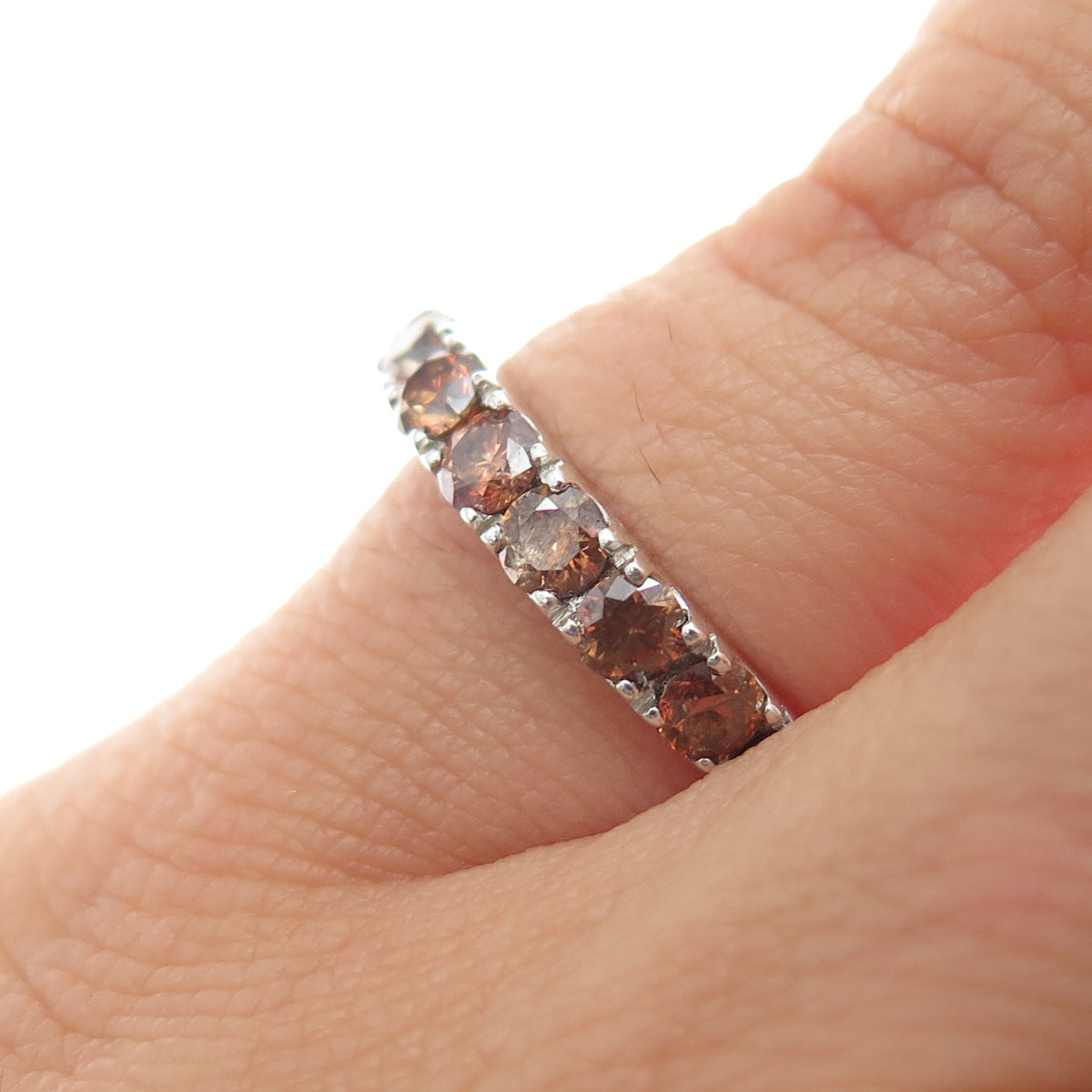 925 Sterling Silver Real Round-Cut Cognac Diamond Half Eternity Ring Size 5.25