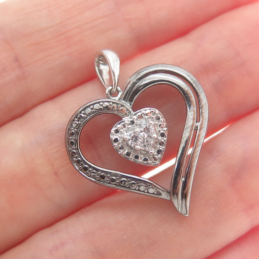 925 Sterling Silver Round-Cut C Z Heart Oxidized Charm Pendant