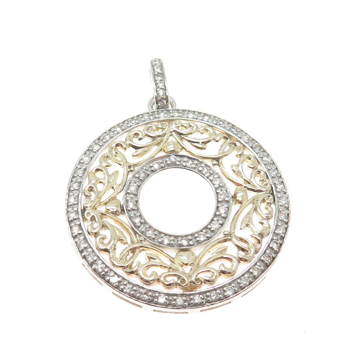 925 Sterling Silver 2-Tone Round-Cut C Z Floral Circle Pendant