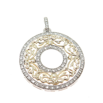 925 Sterling Silver 2-Tone Round-Cut C Z Floral Circle Pendant