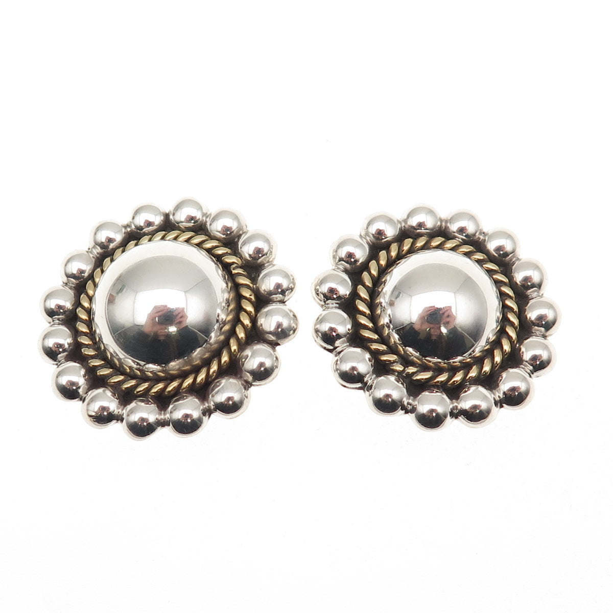 925 Sterling Silver 2-Tone Vintage Mexico Sun Beaded Oxidized Clip On Earrings