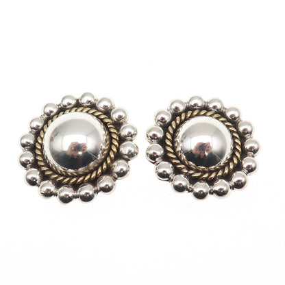 925 Sterling Silver 2-Tone Vintage Mexico Sun Beaded Oxidized Clip On Earrings