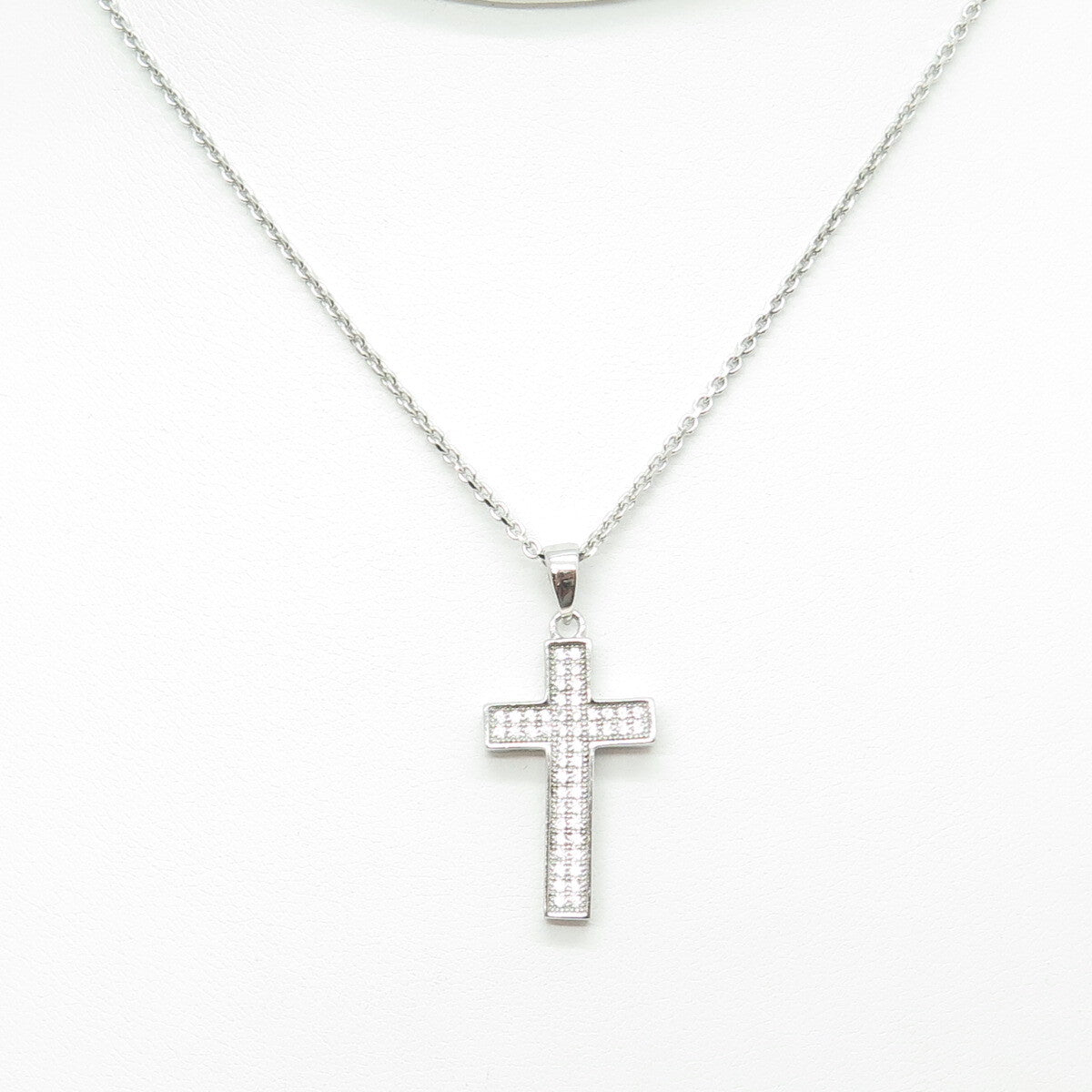 925 Sterling Silver Italy Round-Cut C Z Sparkle Cross Cable Chain Necklace 18"