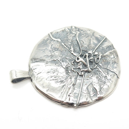 925 Sterling Silver Vintage Brutalist Modernist Large Round Pendant
