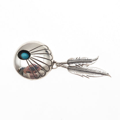 Old Pawn 925 Sterling Silver Vintage Turquoise Shadow Box Feather Slide Pendant