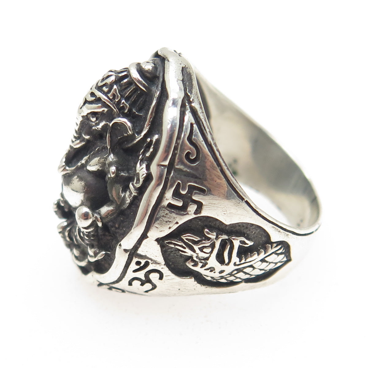 925 Sterling Silver Vintage Ganesha Hindu God Oxidized Dome Ring Size 8