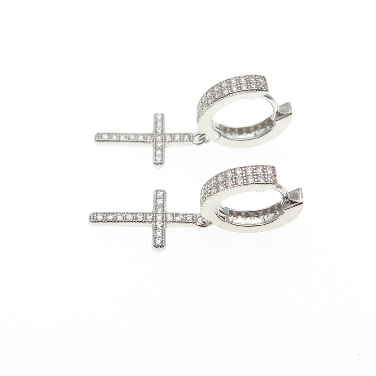 925 Sterling Silver Round-Cut C Z Cross Dangle Hoop Earrings