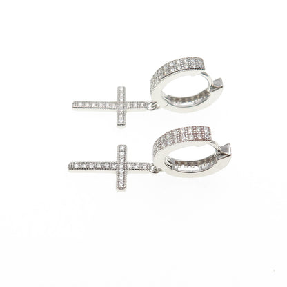 925 Sterling Silver Round-Cut C Z Cross Dangle Hoop Earrings