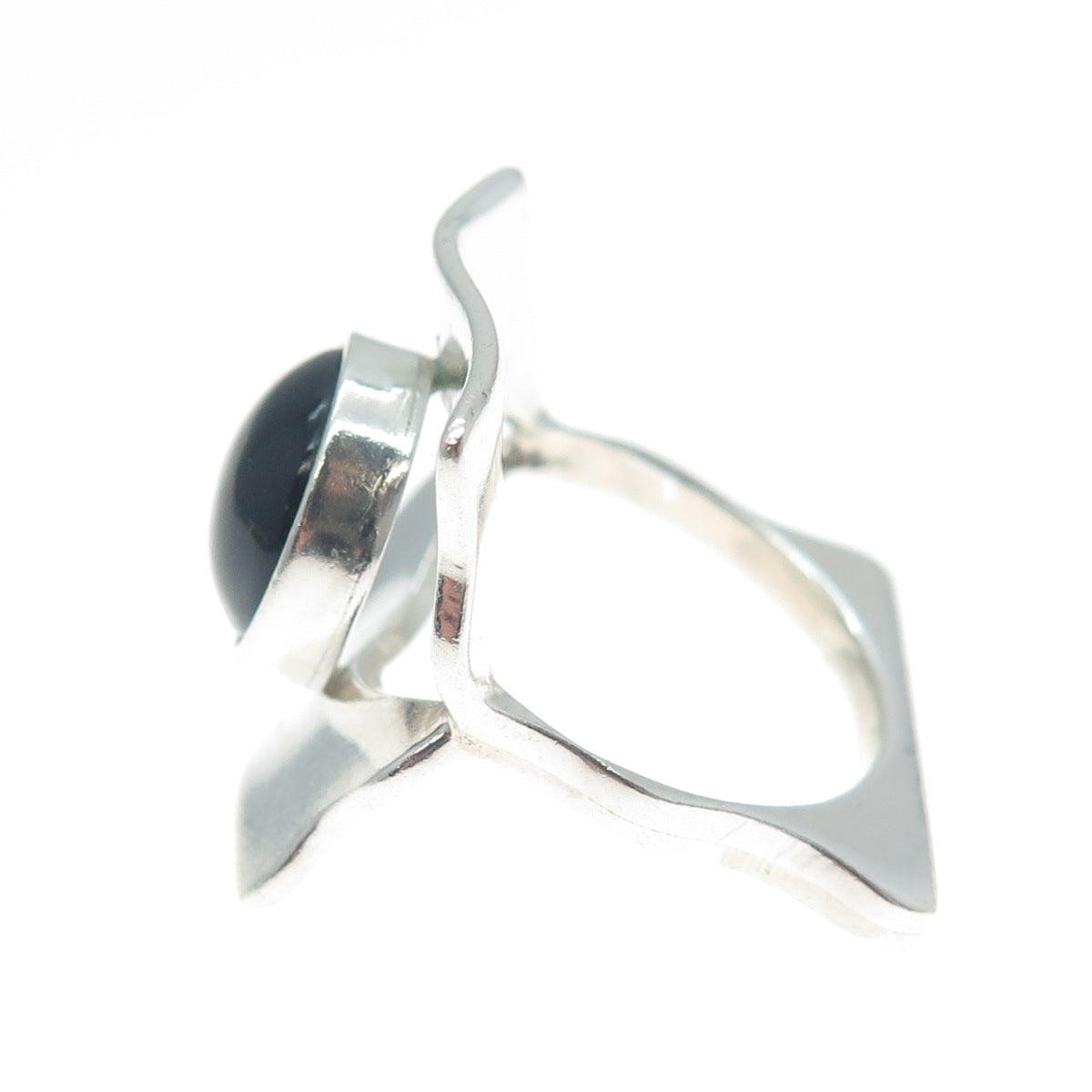 950 Silver Vintage Real Black Onyx Gemstone Modernist Ring Size 6.75