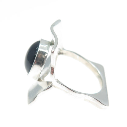 950 Silver Vintage Real Black Onyx Gemstone Modernist Ring Size 6.75