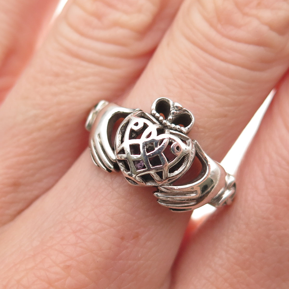 925 Sterling Vintage Real Amethyst Irish Claddagh Love You Baby Ring Size 8
