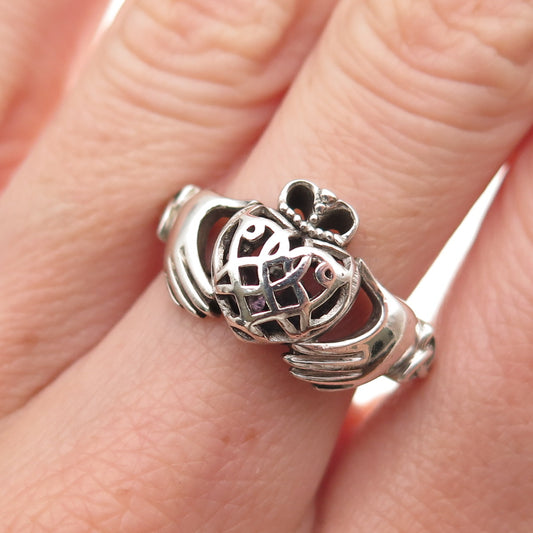 925 Sterling Vintage Real Amethyst Irish Claddagh Love You Baby Ring Size 8