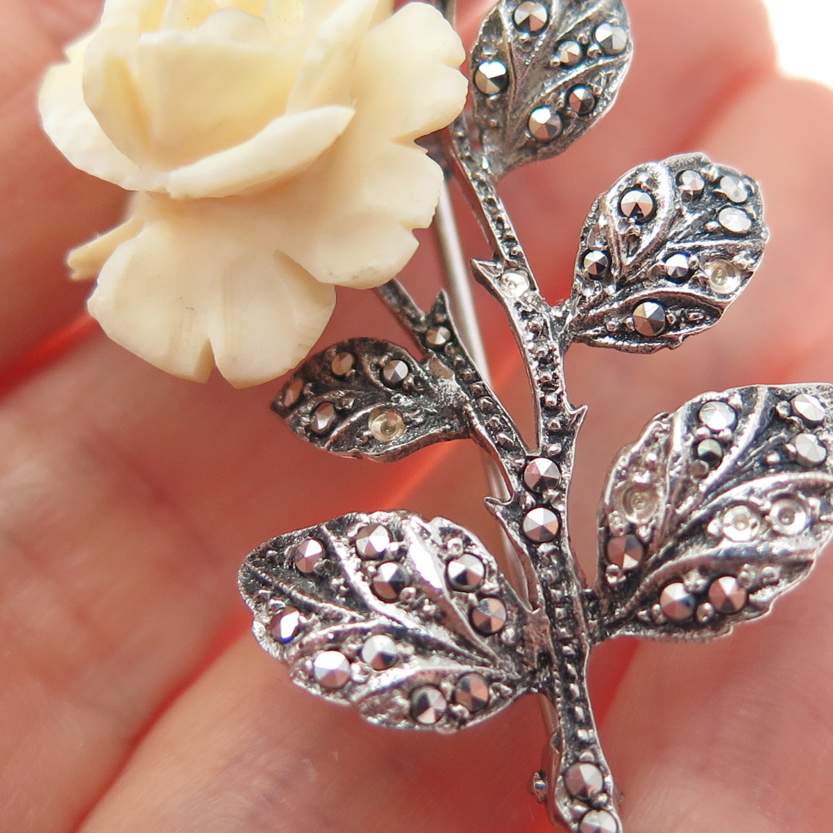 925 Sterling Antique Germany Real Marcasite Rose Pin Brooch (missing 5 stones)
