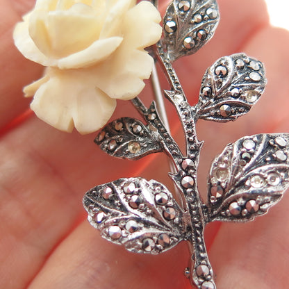 925 Sterling Antique Germany Real Marcasite Rose Pin Brooch (missing 5 stones)