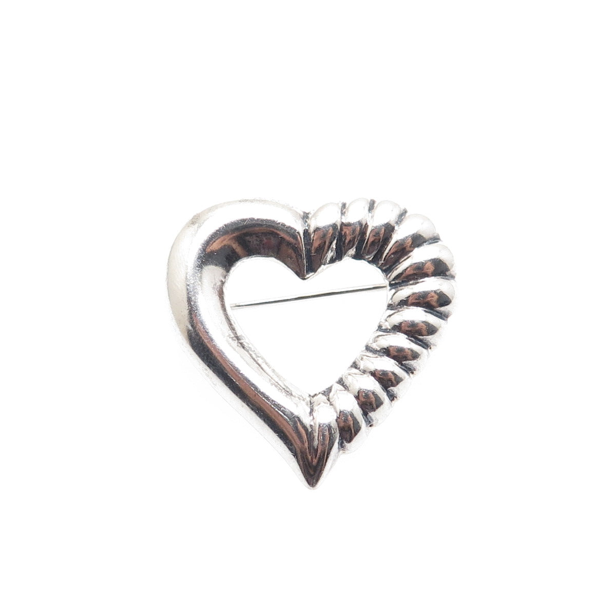 925 Sterling Silver Vintage Modernist Ribbed Heart Pin Brooch