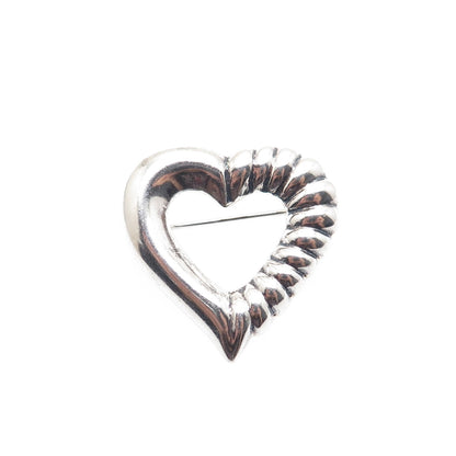 925 Sterling Silver Vintage Modernist Ribbed Heart Pin Brooch