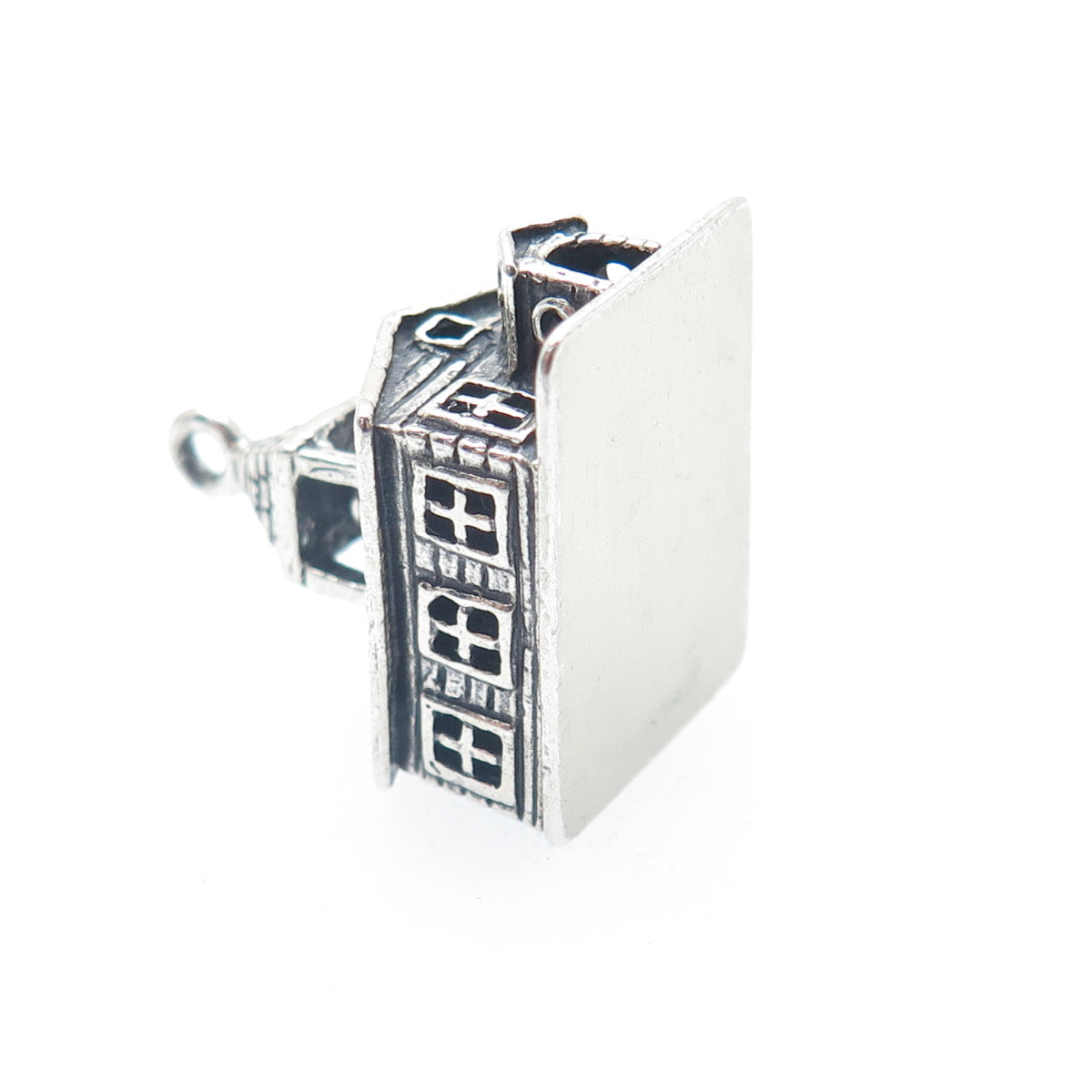 925 Sterling Silver Antique Art Deco Old Church Minimalist 3D Charm Pendant