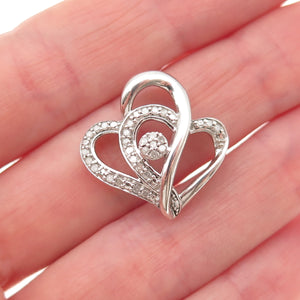 925 Sterling Silver Real Round-Cut Diamond Heart Couple Mini Slide Charm Pendant