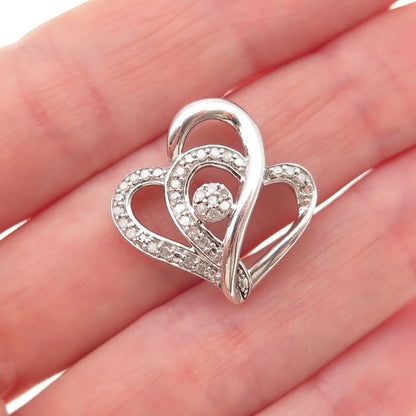 925 Sterling Silver Real Round-Cut Diamond Heart Couple Mini Slide Charm Pendant