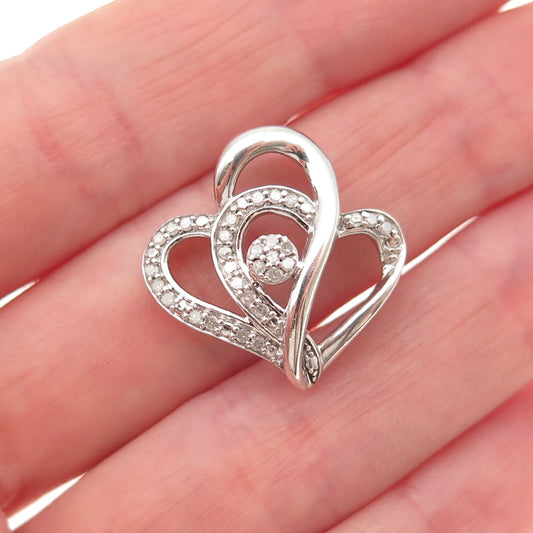 925 Sterling Silver Real Round-Cut Diamond Heart Couple Mini Slide Charm Pendant