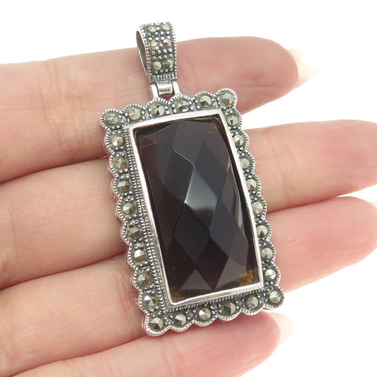 925 Sterling Silver Vintage Real Smoky Quartz & Marcasite Gemstone Pendant