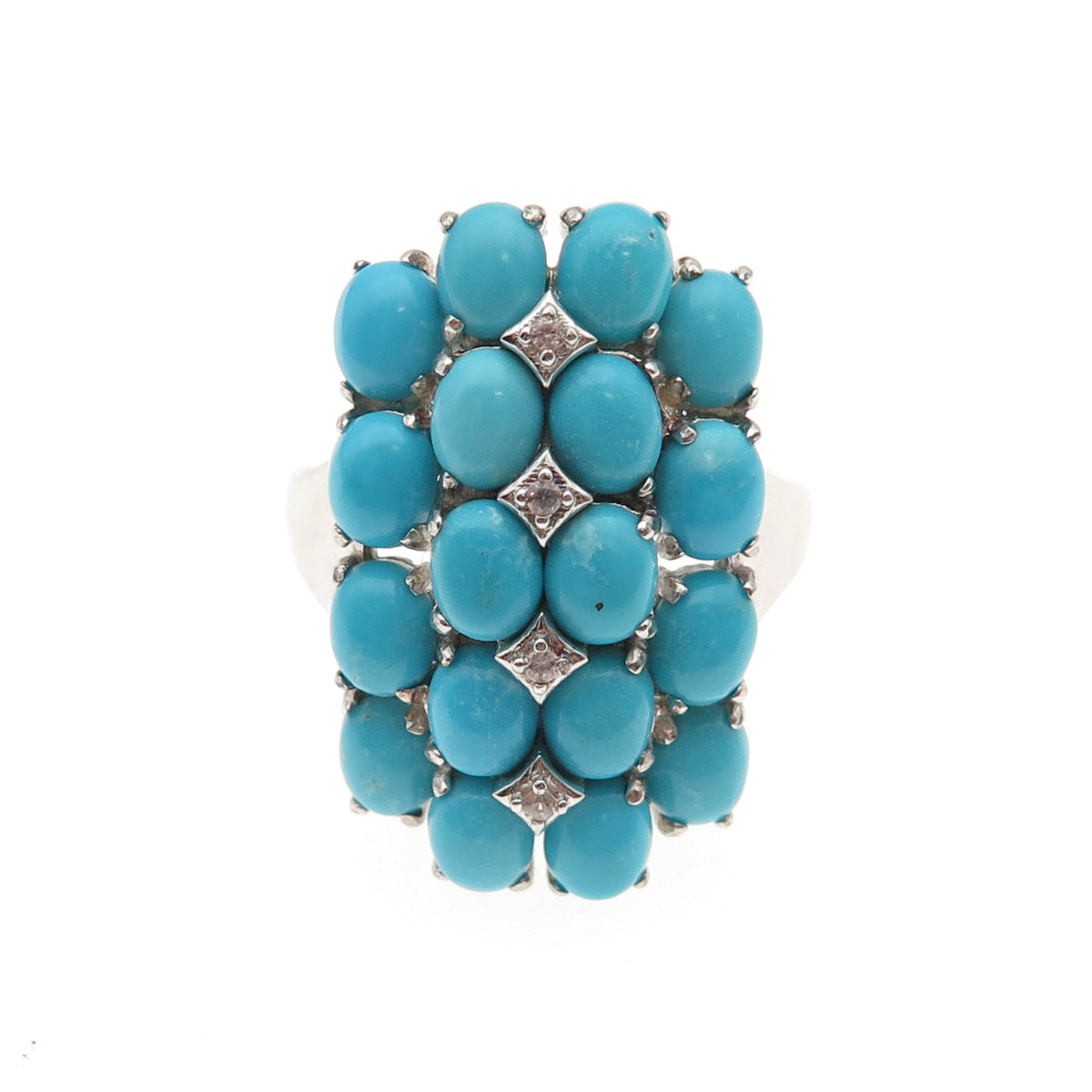 925 Sterling Silver Real Sleeping Beauty Turquoise & White Topaz Ring Size 8